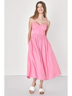 Feeling Adorable Pink Linen Bustier Midi Dress With Pockets