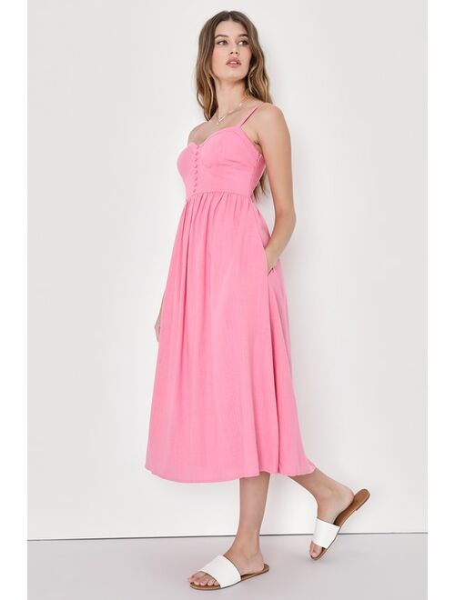 Lulus Feeling Adorable Pink Linen Bustier Midi Dress With Pockets