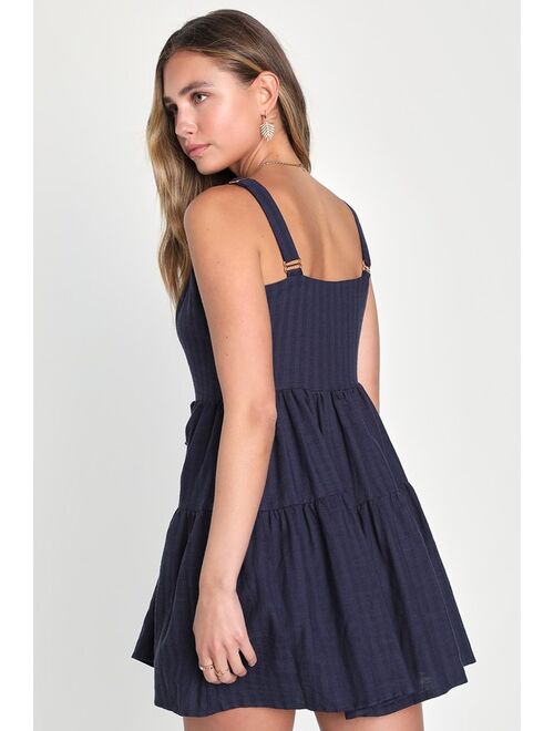 Lulus Springtime Sights Navy Blue Tiered Button-Up Mini Dress