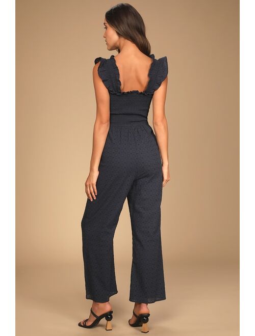 Lulus Easy Loving Navy Blue Eyelet Wide-Leg Jumpsuit