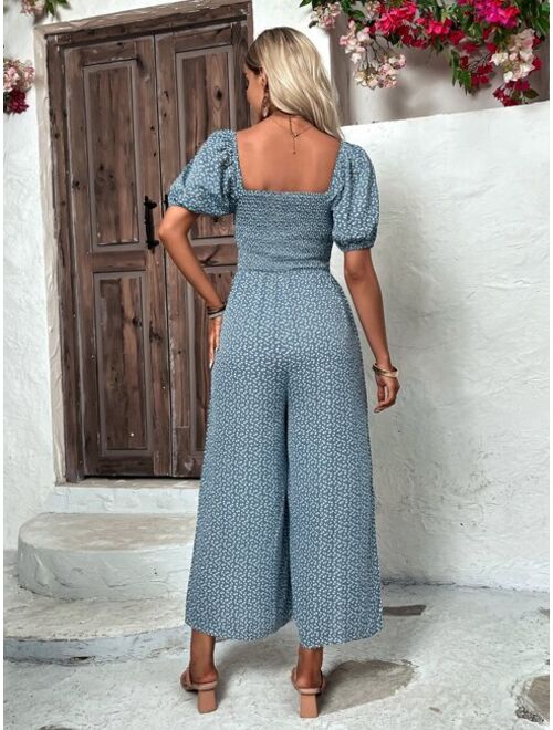 EMERY ROSE Ditsy Floral Print Puff Sleeve Wide Leg Jumpsuit