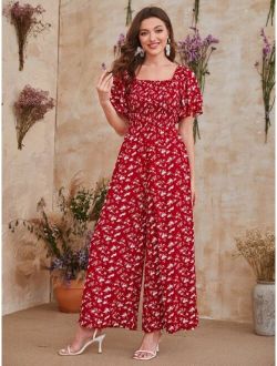 SHEIN VCAY 1pc Ditsy Floral Print Frill Trim Shirred Jumpsuit Without Belt