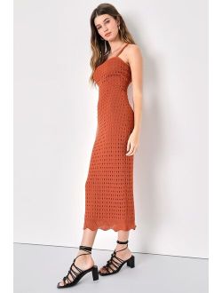 Ventura Vision Rust Orange Crochet Lace-Up Midi Dress