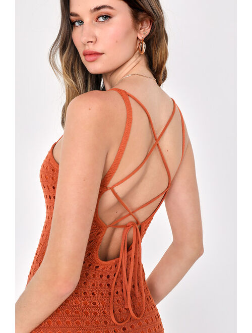 Lulus Ventura Vision Rust Orange Crochet Lace-Up Midi Dress