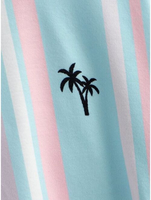 SHEIN Boys Striped & Palm Tree Print Drop Shoulder Tee