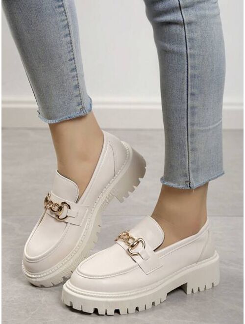 Shein Fashion Beige Shoes For Women, Chain Decor Stitch Detail Platform Loafers