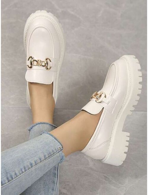 Shein Fashion Beige Shoes For Women, Chain Decor Stitch Detail Platform Loafers