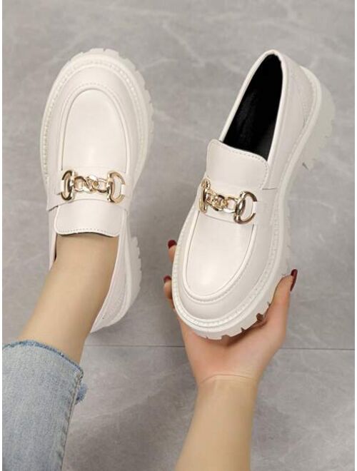 Shein Fashion Beige Shoes For Women, Chain Decor Stitch Detail Platform Loafers