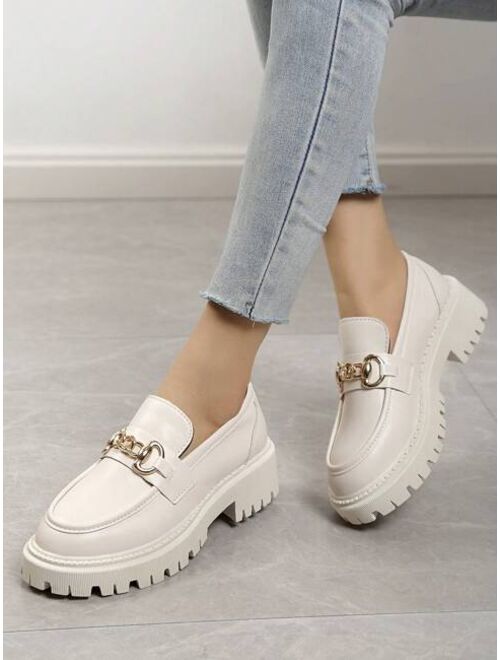 Shein Fashion Beige Shoes For Women, Chain Decor Stitch Detail Platform Loafers