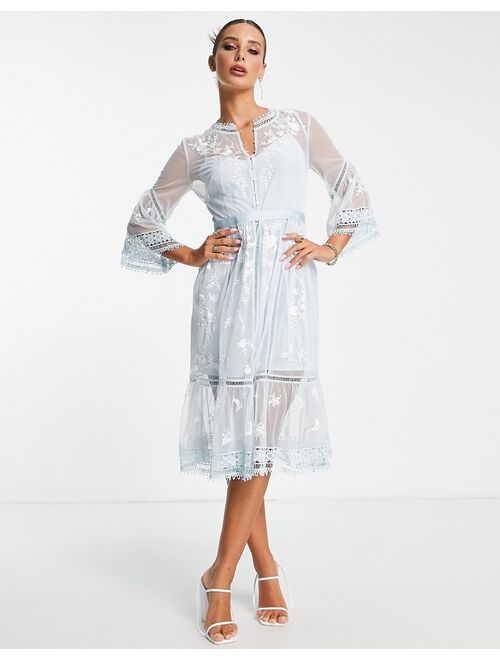 French Connection midi tea dress with delicate floral embroidery in baby blue
