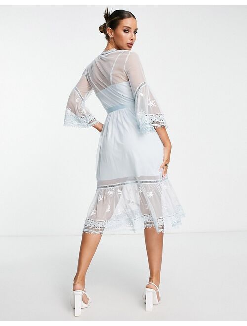 French Connection midi tea dress with delicate floral embroidery in baby blue