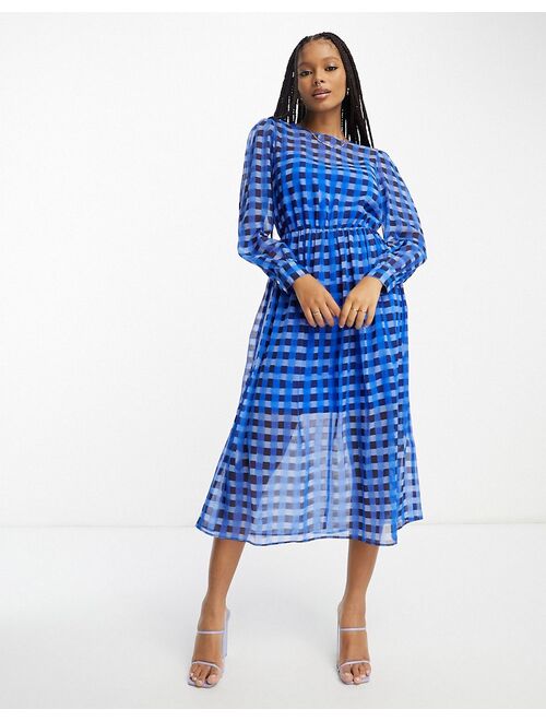 French Connection gathered waist midi smock dress in blue check
