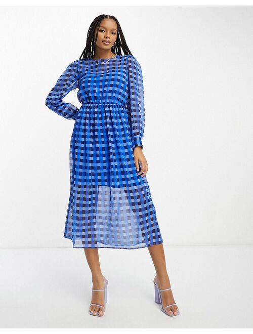French Connection gathered waist midi smock dress in blue check