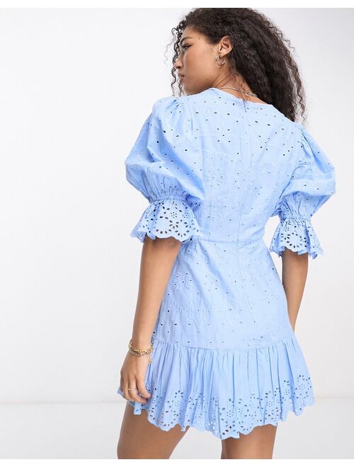 French Connection cut out mini dress in baby blue eyelet