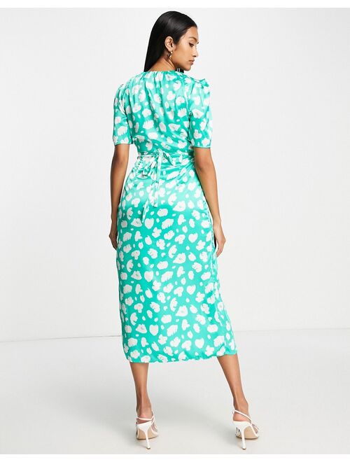 French Connection tie back midi dress in green smudge spot