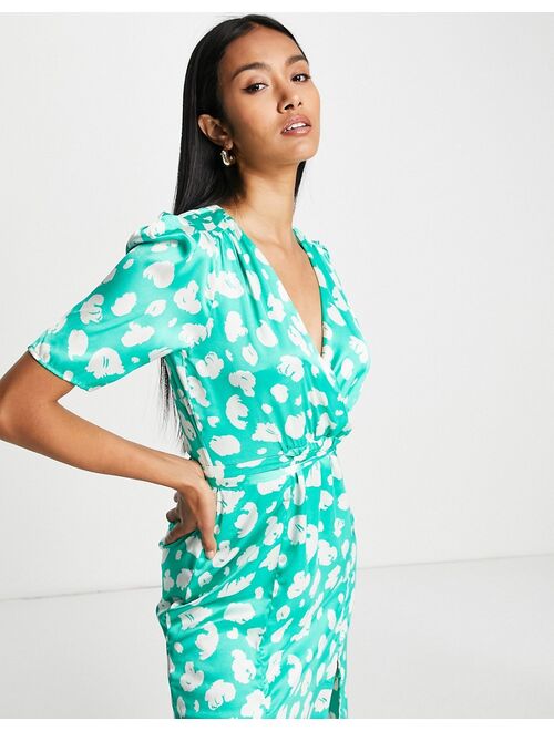 French Connection tie back midi dress in green smudge spot