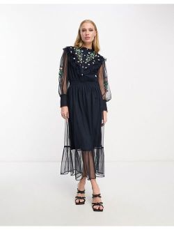 mesh maxi dress with embroidery in navy