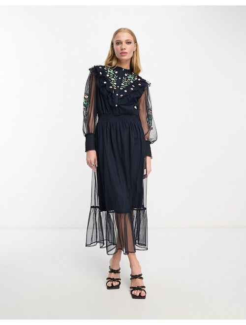 French Connection mesh maxi dress with embroidery in navy