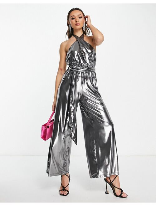 French Connection halterneck wide leg jumpsuit in high shine silver