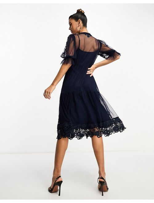 French Connection embroidered midi dress in navy