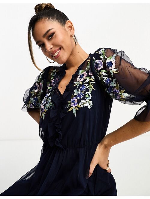 French Connection embroidered midi dress in navy