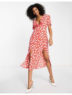 midi dress with tie waist in red smudge print