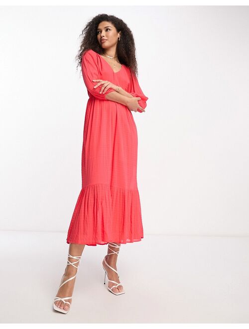 French Connection balloon sleeve boho midi dress in textured red