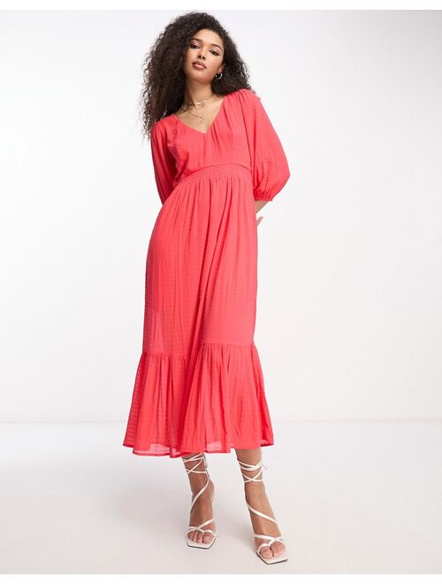 French Connection balloon sleeve boho midi dress in textured red
