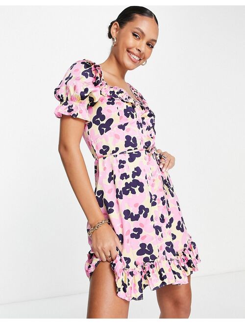 French Connection mini tea dress with frill detail in pink leopard