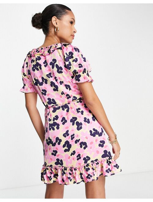 French Connection mini tea dress with frill detail in pink leopard
