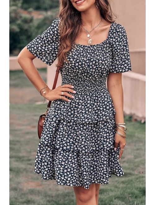 PRETTYGARDEN Women's 2023 Floral Summer Short Dress Square Neck Short Sleeve Tiered Ruffle Boho Swing Dresses