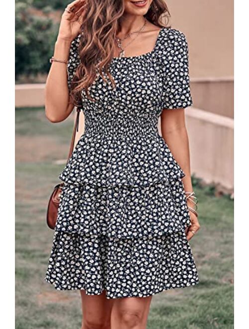 PRETTYGARDEN Women's 2023 Floral Summer Short Dress Square Neck Short Sleeve Tiered Ruffle Boho Swing Dresses