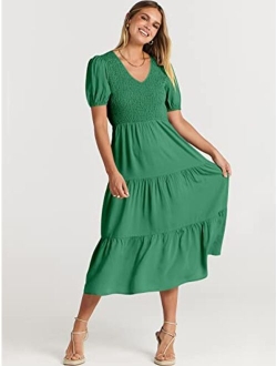 Women's Summer Puff Short Sleeve V Neck Smocked Tiered Swing A Line Beach Midi Dress with Pockets