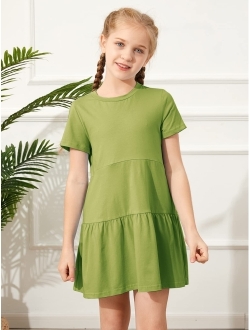 Fekermia Girls Short Sleeve Ruffle Swing T-Shirt Dress Kids Round Neck Casual Plain Dresses with Pockets