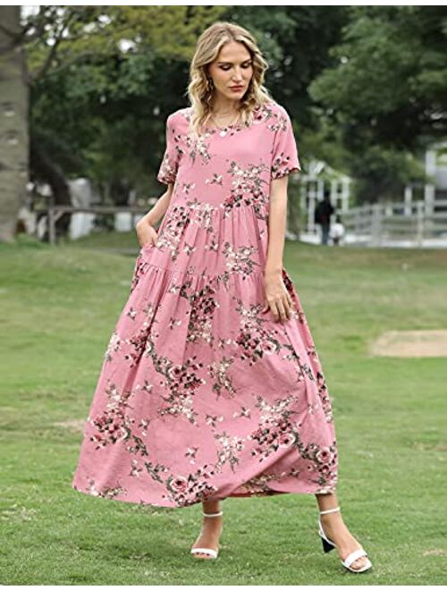 YESNO Women Casual Loose Bohemian Floral Dress with Pockets Short Sleeve Long Maxi Summer Beach Swing Dress EJF