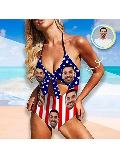 M Yescustom Custom Husband Face Swimsuits for Women, 4th of July Flag One Piece Swimsuits, Customized Bikini for Summer Holiday