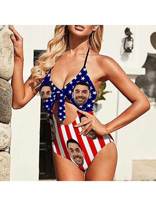M Yescustom Custom Husband Face Swimsuits for Women, 4th of July Flag One Piece Swimsuits, Customized Bikini for Summer Holiday