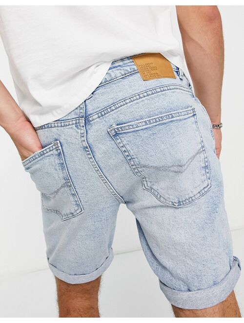 Pull&Bear slim denim shorts with rips in light blue