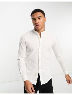 linen grandad collar long sleeve shirt in white