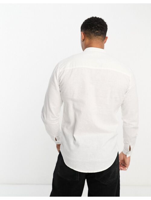 Pull&Bear linen grandad collar long sleeve shirt in white