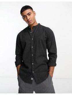 linen grandad collar long sleeve shirt in black