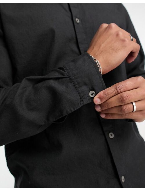 Pull&Bear linen grandad collar long sleeve shirt in black