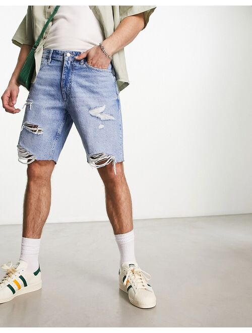 Pull&Bear straight denim shorts in medium blue