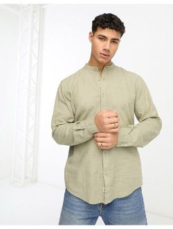 linen grandad collar long sleeve shirt in khaki