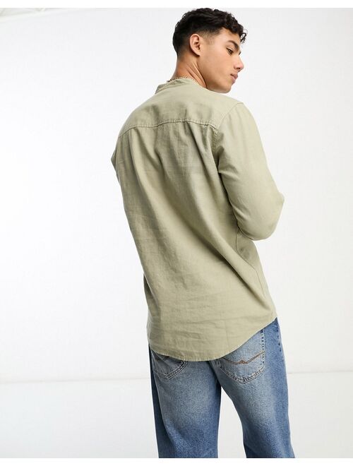 Pull&Bear linen grandad collar long sleeve shirt in khaki
