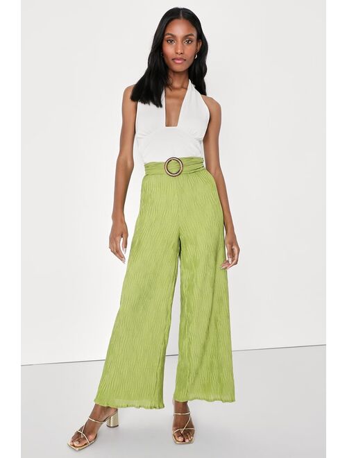Lulus Getaway Essentials Lime Green Plisse Belted Wide Leg Pants