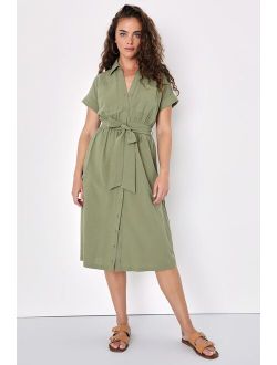 Summer Memories Olive Green Button-Up Midi Dress With Pockets