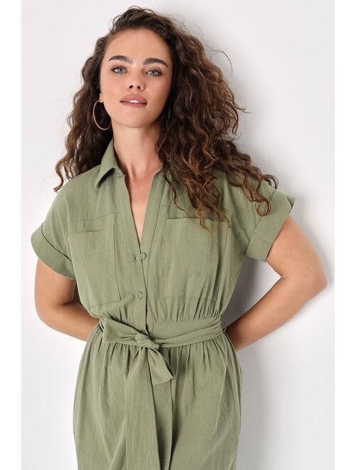 Lulus Summer Memories Olive Green Button-Up Midi Dress With Pockets