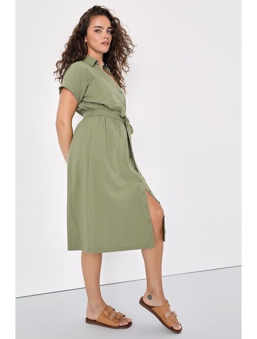 Lulus Summer Memories Olive Green Button-Up Midi Dress With Pockets