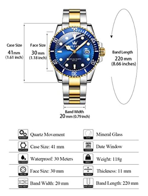 OLEVS Men's Watches, Big Face Stainless Steel Mens Dress Watch with Date, Business Casual Luminous Waterproof Wrist Watch for Men (Blue/Black/Green Dial)